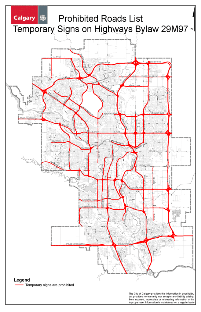 A black and white image of the roadways in Calgary, with restricted roads highlighted in red.